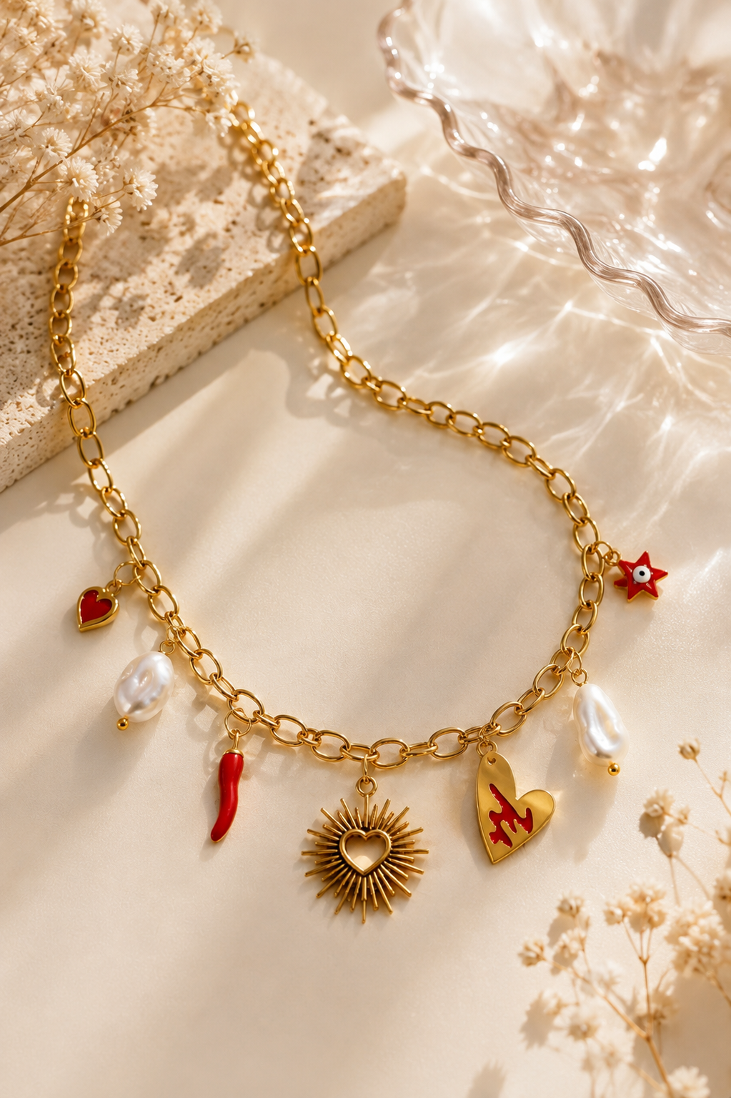 Collier Cœur & Corail Rouge Doré – Charms Perles