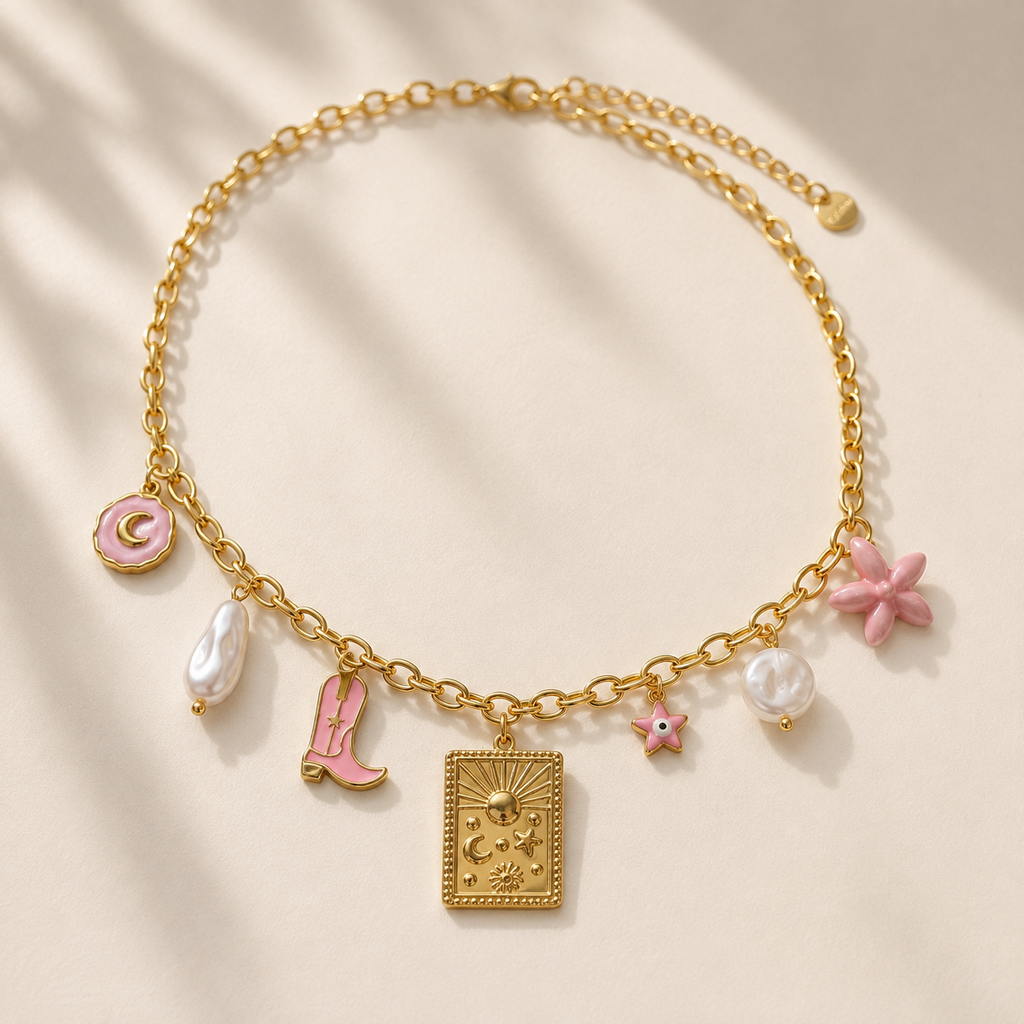 Collier Charms Rose & Doré – Bijoux Bohème Chic