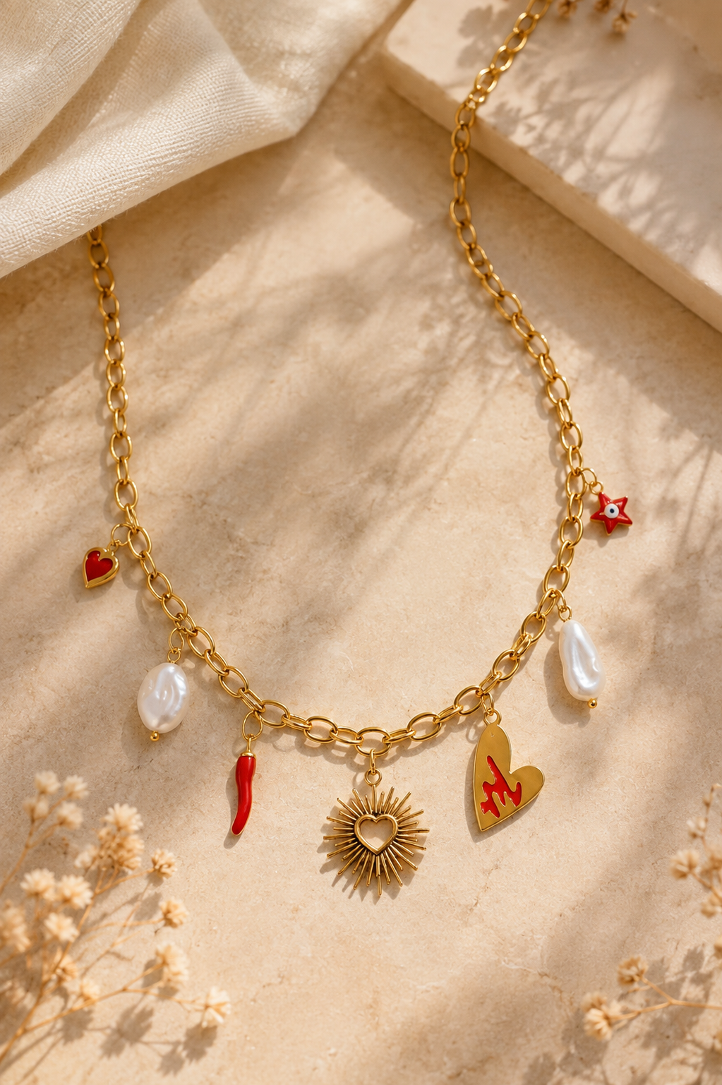 Collier Cœur & Corail Rouge Doré – Charms Perles
