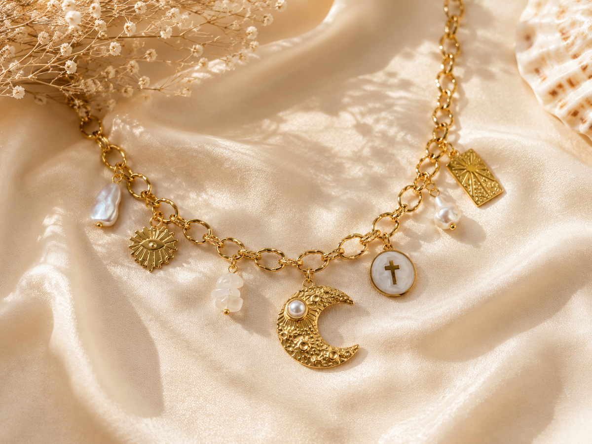 Collier Charms Lune & Perles Doré – Bijou Bohème Chic