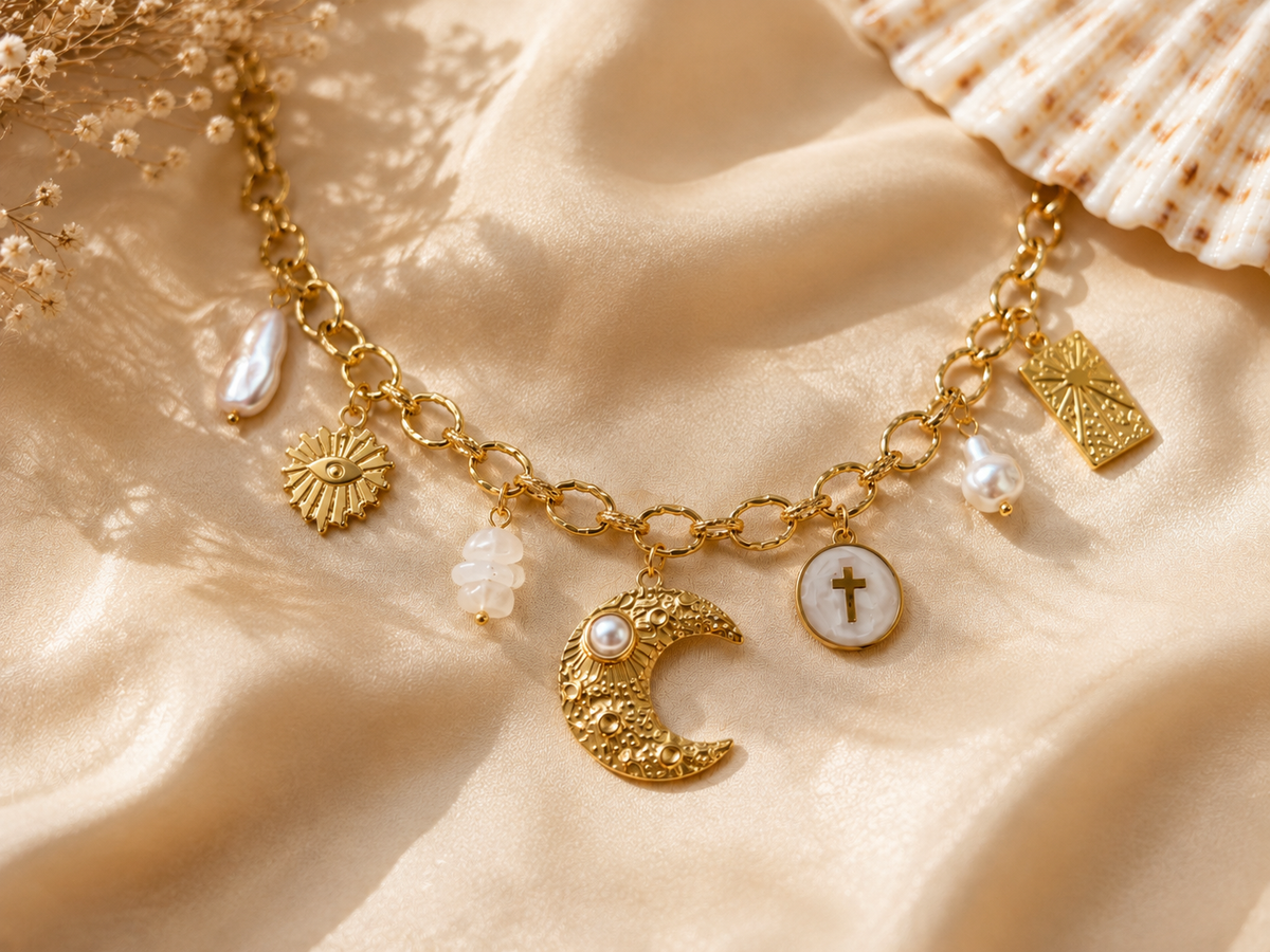Collier Charms Lune & Perles Doré – Bijou Bohème Chic