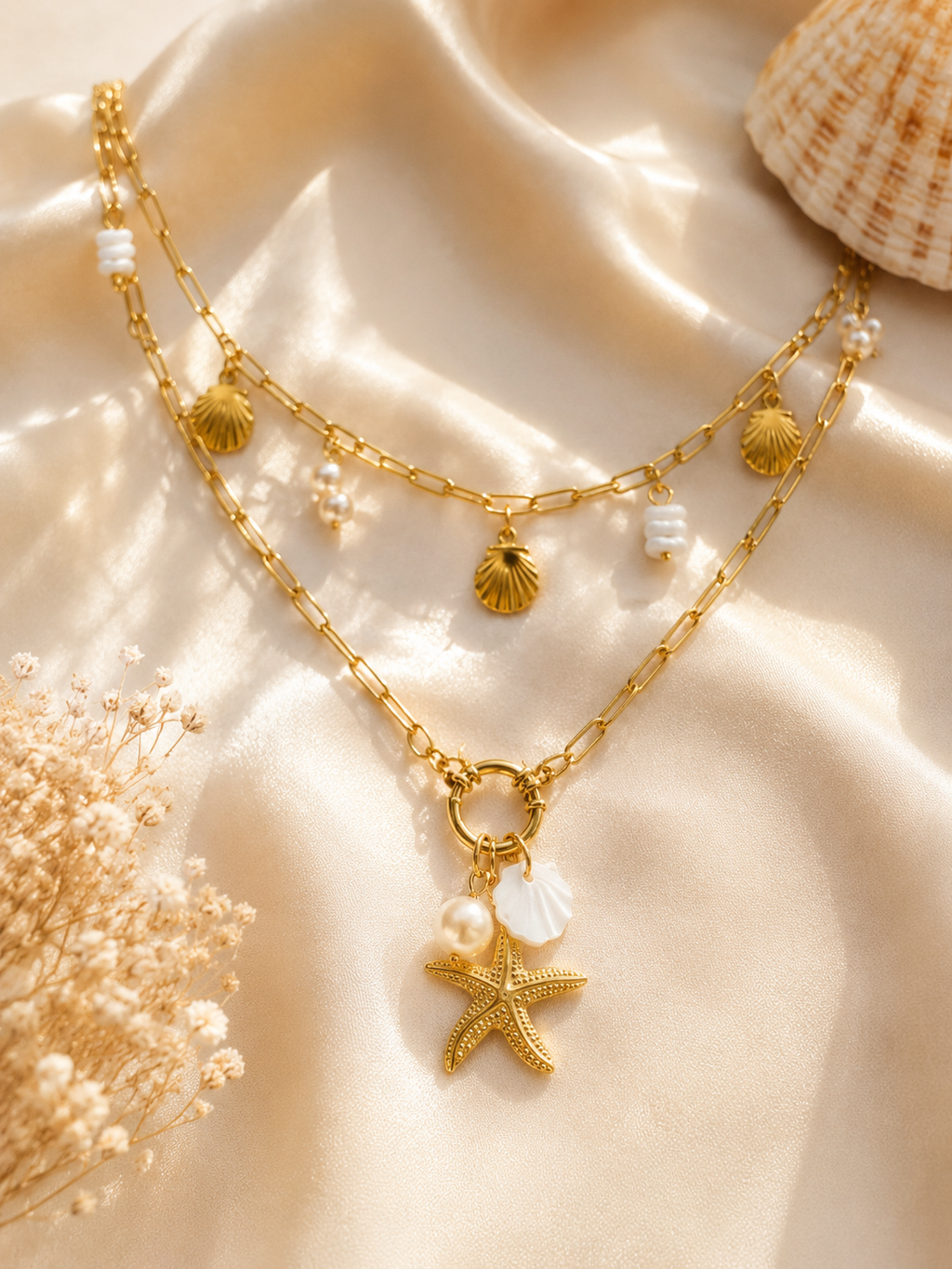 Collier Charms Soleil & Coquillages Doré