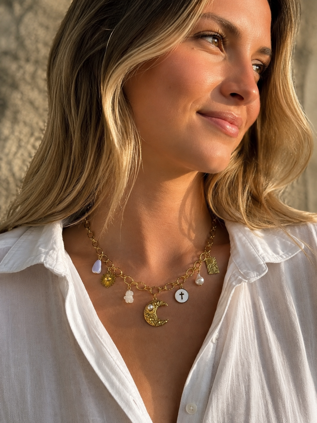 Collier Charms Lune & Perles Doré – Bijou Bohème Chic
