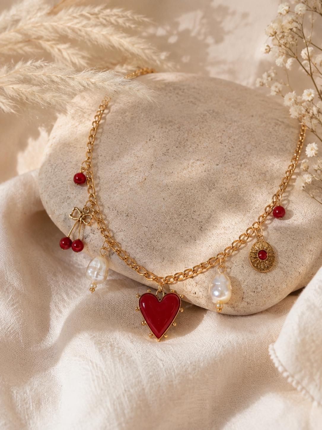 Collier Cœur Rouge & Cerises – Douceur Romantique