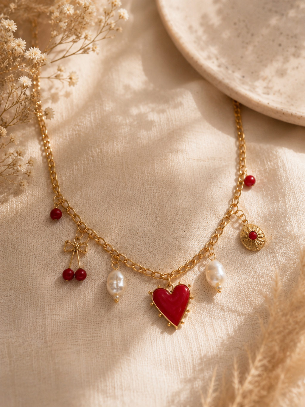Collier Cœur Rouge & Cerises – Douceur Romantique