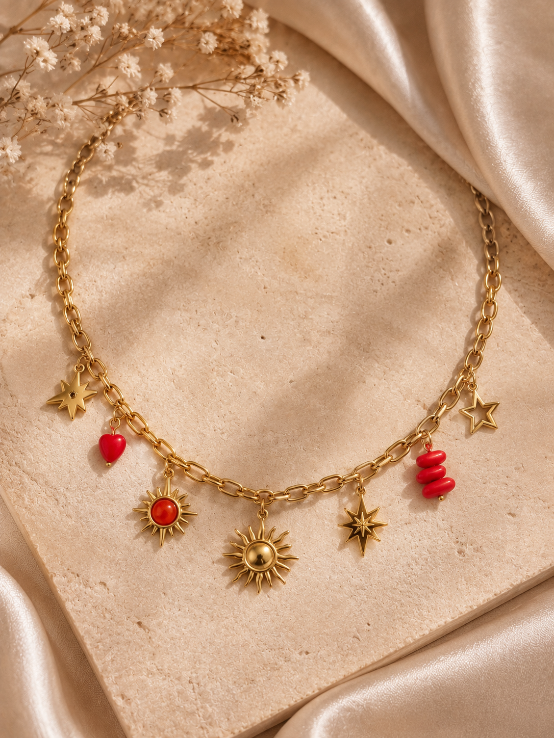 Collier Soleil & Étoiles Rouge – Bijou Doré