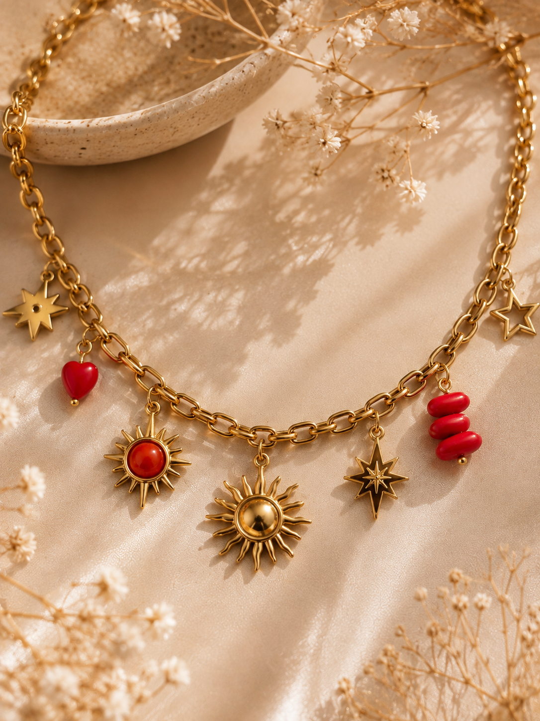 Collier Soleil & Étoiles Rouge – Bijou Doré