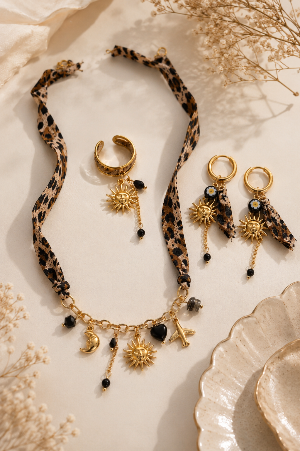 Set Bijoux Léopard Soleil – Collier, Bague & Boucles d’Oreilles