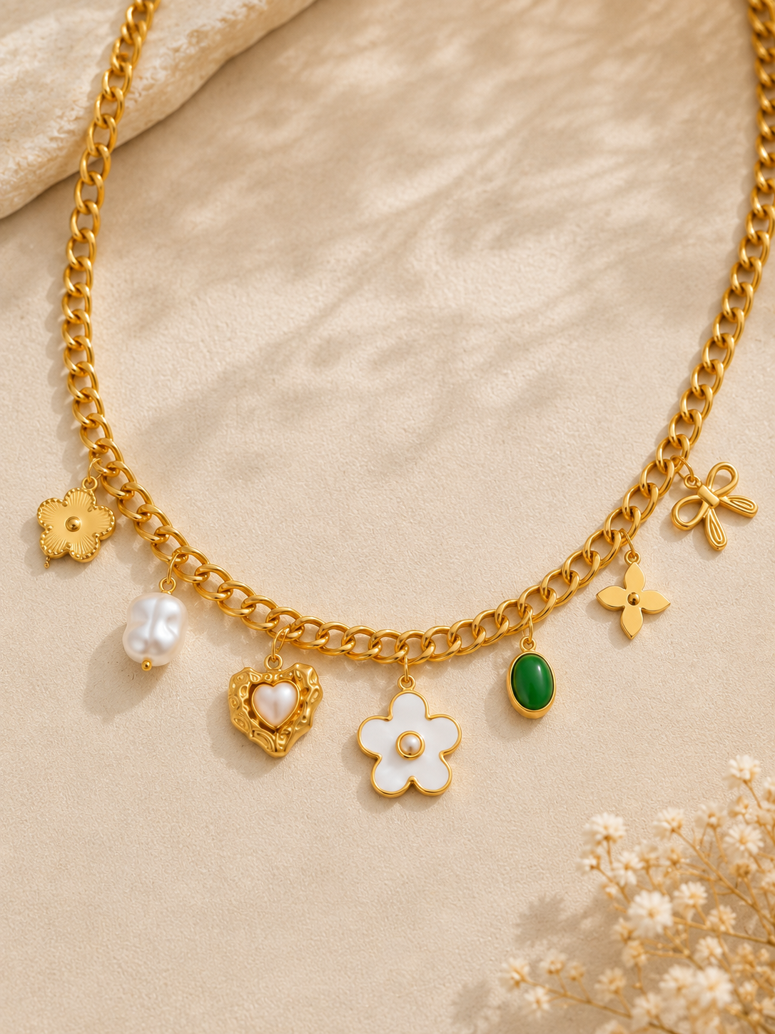 Collier Fleurs & Perles Doré – Charms Blanc & Vert